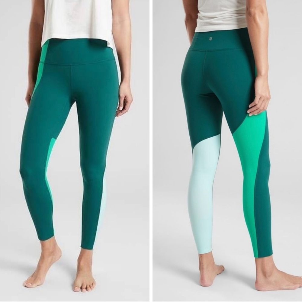 Athleta Elation 7/8 High Rise Colorblock Leggings, Size L, Green